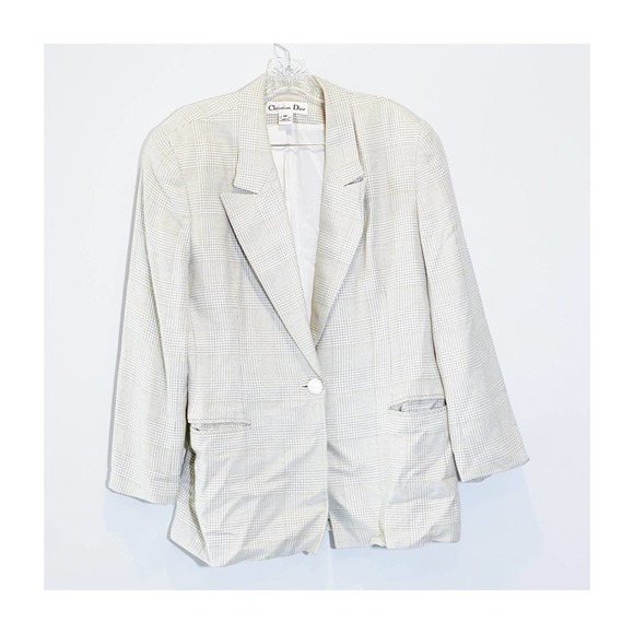 Christian Dior Plaid One-button Cream Blazer SZ12 - Picture 1 of 6